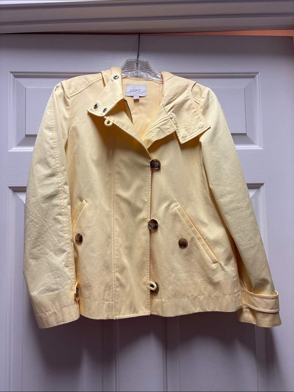 LOFT XS Pale BUTTER Yellow Short Trench TWILL Jacket pockets hooded zip button